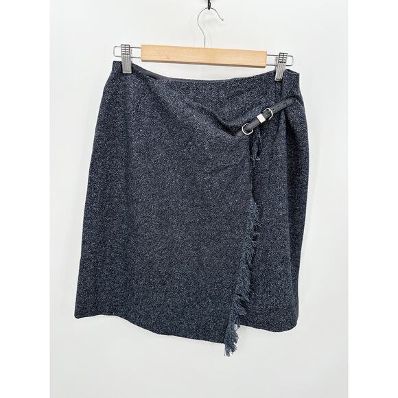 Anne Klein Blue Tweed Skirt Women’s 8P Wool Silk Fringe Buckle Petite - Picture 1 of 9